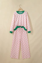 Load image into Gallery viewer, Pink Polka Dot Contrast Trim Long Sleeve Top Drawstring Shift Pants Set