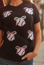 Load image into Gallery viewer, Black Shimmering Sequin Bow Ball Patterned Game Day Casual Tee