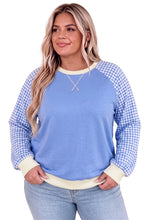 Load image into Gallery viewer, Light Blue Plaid Sleeve Ribbed Colorblock Trim Plus Size Sweatshirt