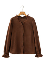 Load image into Gallery viewer, Coffee Solid Color Ruffle Trim V Neck Long Sleeve Button Corduroy Shakcet