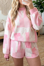 Load image into Gallery viewer, Light Pink Patchwork Floral Print Drop Shoulder Baggy Pullover Drawstring Shorts Set