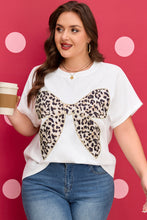 Load image into Gallery viewer, White Plus Size Leopard Bow Embroidered Patch Casual T Shirt