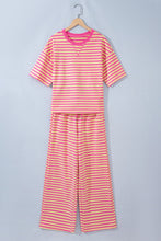 Load image into Gallery viewer, Pink Stripe Colorblock Trim Crew Neck Loose Tee Drawstring Elastic Waist 2pcs Pant Set