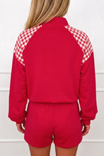 Load image into Gallery viewer, Fiery Red Plaid Patchwork Half Zip Pullover Drawstring Short Set