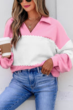 Load image into Gallery viewer, Rose Red Color Block Ricrac Trim Patchwork Collar V Neck Long Sleeve Top