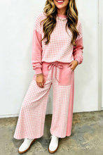 Load image into Gallery viewer, Red Color Block Plaid Patchwork Long Sleeve Pullover Wide Leg Pant Set