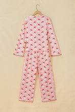 Load image into Gallery viewer, Pink Christmas Santa Print Frilled Button Front Long Sleeve Top Lounge Pant Set