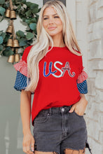 Load image into Gallery viewer, Fiery Red Sequin USA Lettering Patriotic Contrast Splicing Sleeve Top