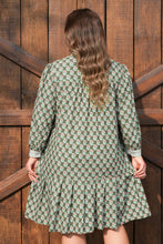 Load image into Gallery viewer, Green Contrast Striped Frilled Collar 3/4 Sleeve Plus Size Floral Dress