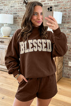 Load image into Gallery viewer, Dark Green Christmas Slogan Print Mock Neck Pullover and Shorts Set