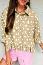 Load image into Gallery viewer, White Polka Dot Print Three Quarter Sleeve Ruffle Hem Casual Shirt