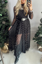 Load image into Gallery viewer, Black Polka Dot Pattern Mesh Long Sleeve Maxi Dress 2pcs Set
