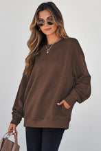 Load image into Gallery viewer, Coffee Solid Color Textured Round Neck Drop Shoulder Pullover Sweatshirt