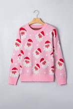 Load image into Gallery viewer, Pink Cartoon Santa Pattern Round Neck Dropped Shoulder Sweater