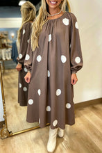 Load image into Gallery viewer, Brown Polka Dot Contrast Bow Knot Back Long Sleeve Midi Dress