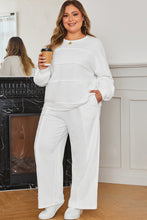 Load image into Gallery viewer, White Textured Raw Seam Plus Size Pullover Top and Drawstring Pants Set