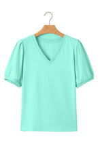Load image into Gallery viewer, Turquoise Solid Color V Neck Short Puff Sleeve Blouse