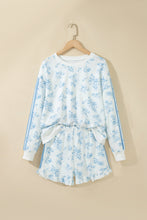 Load image into Gallery viewer, Sky Blue Floral Print Striped Detail Long Sleeve Top Ruffle Hem Shorts 2pcs Set
