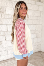 Load image into Gallery viewer, Beige Plaid Sleeve Colorblock Raglan Pullover Sweatshirt