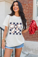Load image into Gallery viewer, White Checkered Rugby Bowknot Graphic Crew T Shirt