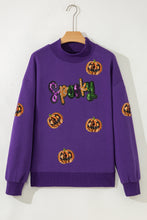 Load image into Gallery viewer, Tillandsia Purple Sequin Pumpkin Spooky Graphic Halloween Pullover Sweatshirt