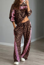 Load image into Gallery viewer, Brown Leopard Print Contrast Striped Detail Long Sleeve Top Pant Set