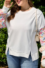 Load image into Gallery viewer, White Plus Size Exposed Seam Detail Contrast Dot Floral Patchwork Sleeve Sweatshirt