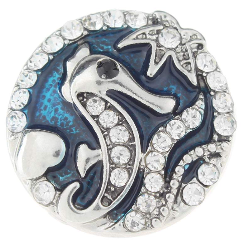 18 MM Silver Tone Dark Blue Enamel Seahorse Snap