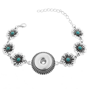 18 or 20 MM Silver Tone Antique Flower Turquoise Snap Bracelet