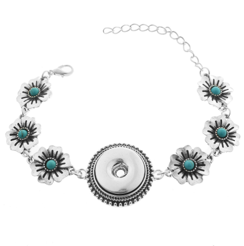 18 or 20 MM Silver Tone Antique Flower Turquoise Snap Bracelet