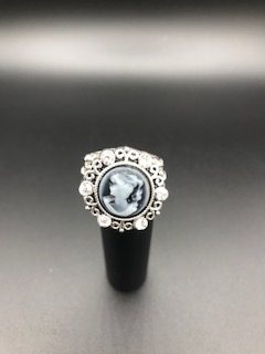 20MM Cameo Blue Snap Silver Antique Plated with White Rhinestone