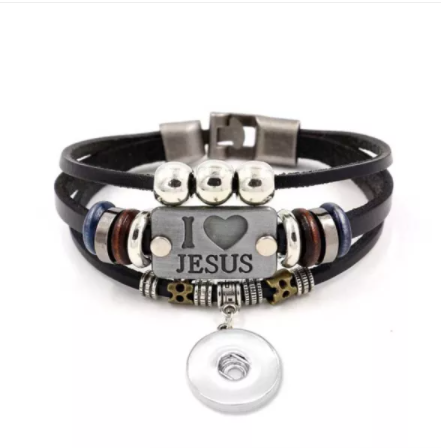 18 or 20 MM I Love Jesus Black Leather Beaded Bracelet 1 snap