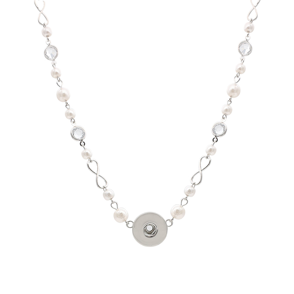 18 or 20 MM 1 Snap Sliver Pearl and Rhinestone Necklace with 24 Adjustable Inch Chain