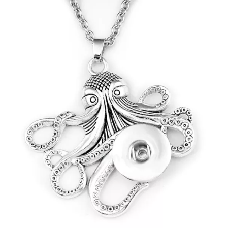 18 or 20 MM Antique Silver Octopus Snap Necklace (24 Inch Chain)