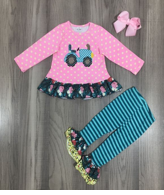 Girls Pink/Blue Strip Tractor Set (Bow Not Included)