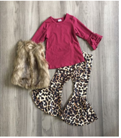 Girls Cheetah Print with Brown Faux Fur Vest Set