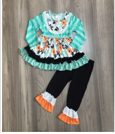 Girls Ruffled Teal/Orange/Black Floral Set