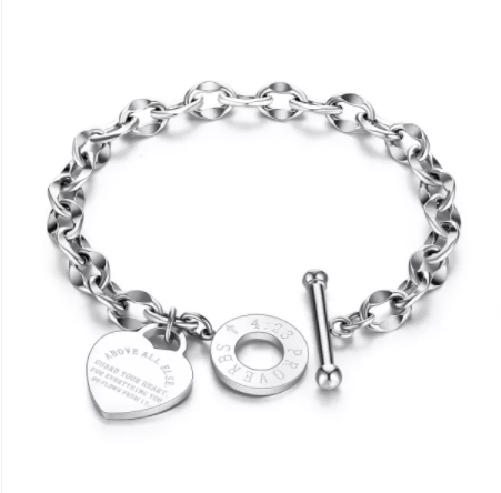 Stainless Steel Women's Bracelet O-chain Love Bible Proverbs 4:23 Bracelet