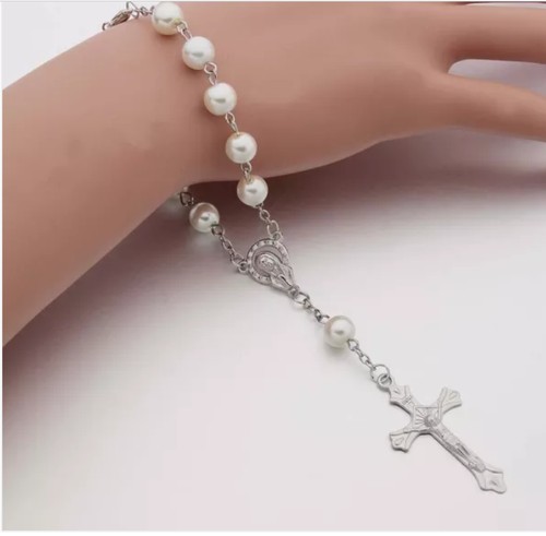 White Pearl Rosary (Jesus) Bracelet