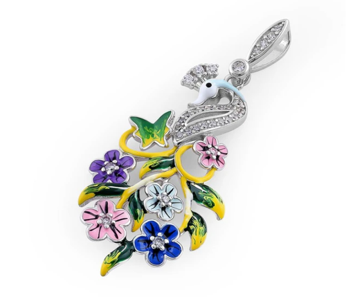 925 Sterling Silver Hand-Painted Swan and Flowers CZ Pendant
