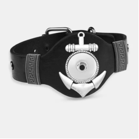 18 or 20 MM Black Leather/Silver Tone Anchor Bracelet 9 Inches Adjustable