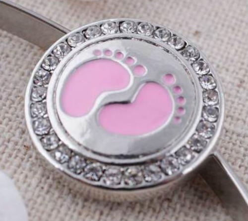 20MM Baby Girl Pink Footprint Snap Silver Plated with White Rhinestones and Enamel