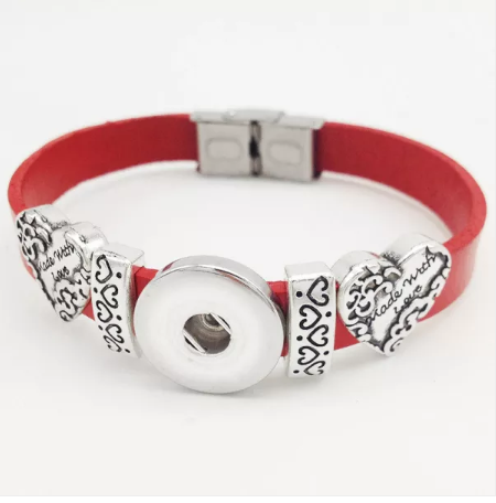 18 or 20 MM Red Genuine Leather/Silver Tone (Made with Love) Hearts
