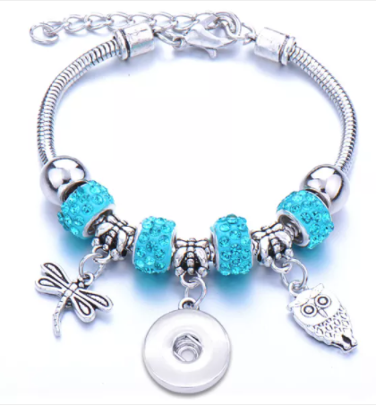 18 or 20 MM Silver Dragon Fly and Owl Blue Rhinestones Bracelet