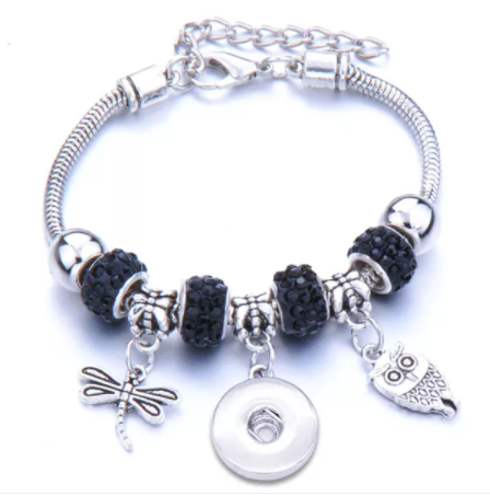 18 or 20 MM Silver Dragon Fly and Owl Black Rhinestones Bracelet