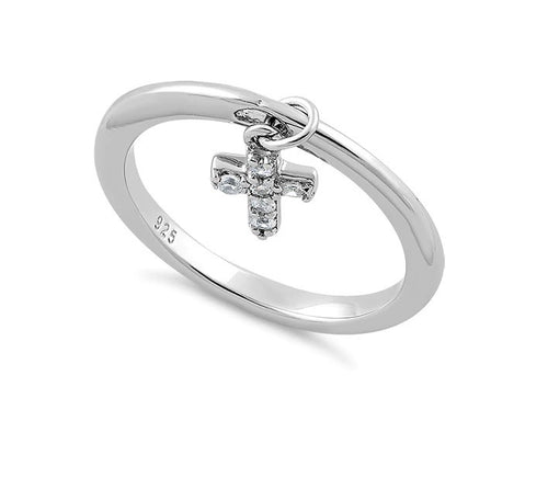 925 Sterling Silver Dangling Cross CZ Ring