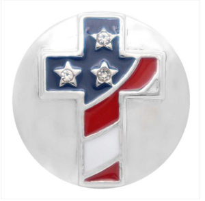 20 MM American Flag Cross Silver Plated with Clear Rhinestones