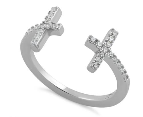 925 Sterling Silver End To End Cross Clear CZ Ring