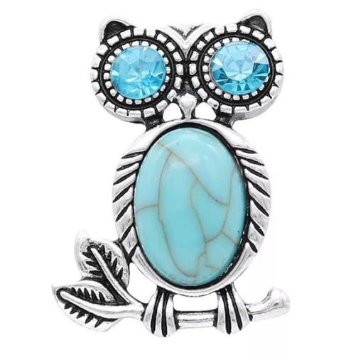 20MM Owl Snap Silver Plated with blue Rhinestone and Turquoise