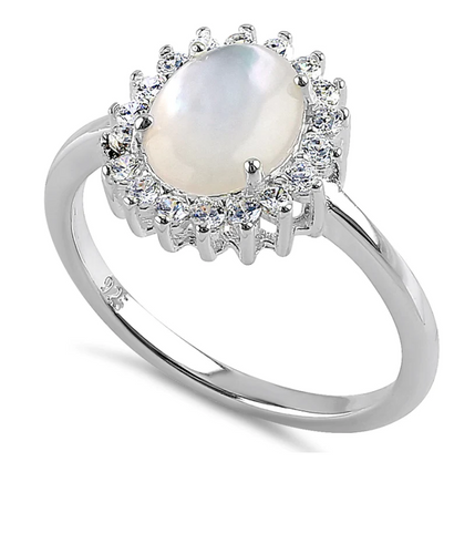 925 Sterling Silver Oval Mother of Pearl Opal CZ Ring